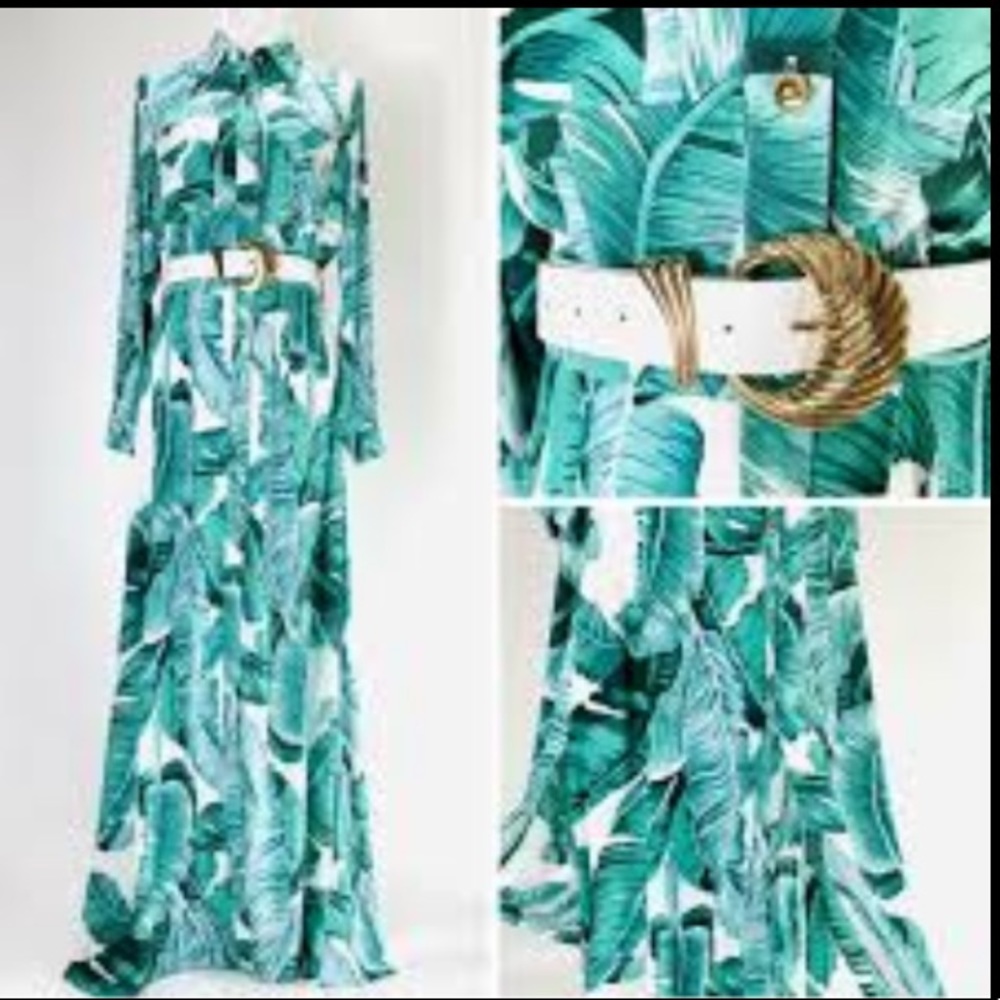 NWT Lizette Collection Jungle Palm Banana Leaf Tropical Print Maxi Dress Large